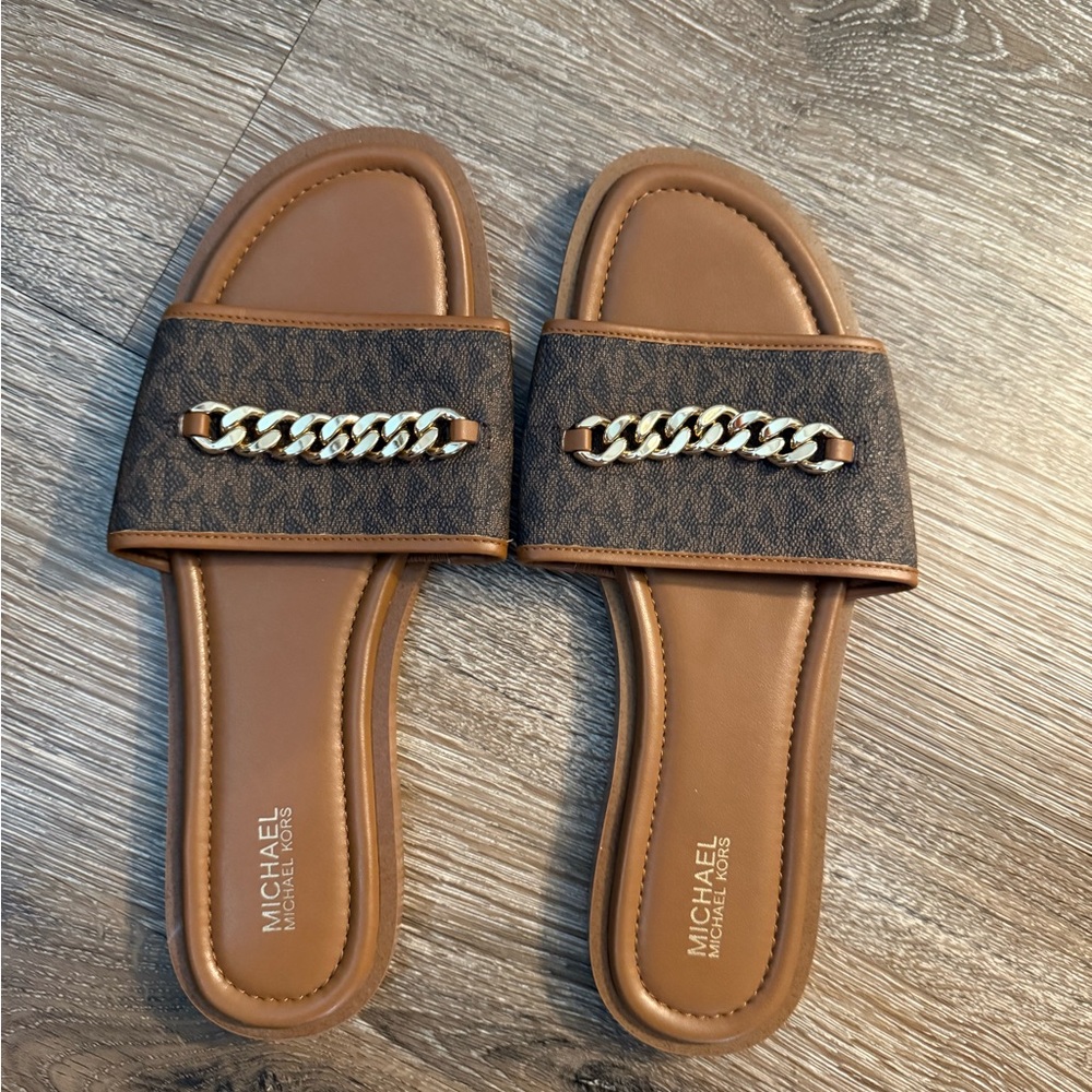 Michael Kors Tan and Brown Chain Slide Sandals